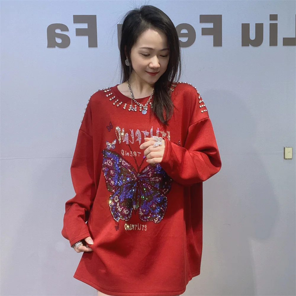 

Космическая хлопковая женская футболка средней длины, новинка 2026, весенний пуловер с круглым вырезом и бриллиантами, топ с длинными рукавами, повседневные женские футболки