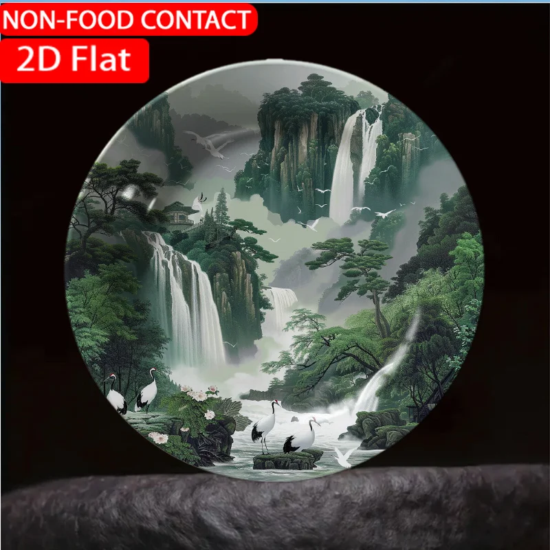 1pc Oriental Waterfall Green Ceramic Plate - Elegant Asian-Themed Non-Food Contact Plate Suitable for Home Desk Decor, Table
