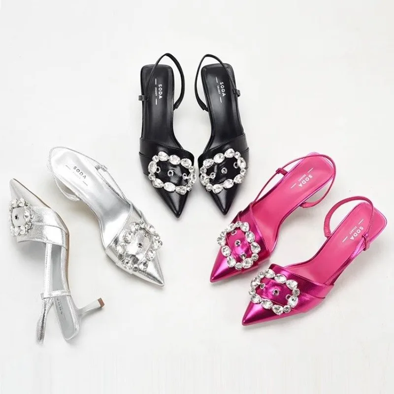 

Designer Brand Women Plus-size Rhinestone Buckle Fine Heel Back Strap Pointed Sandals for Women Hot Selling