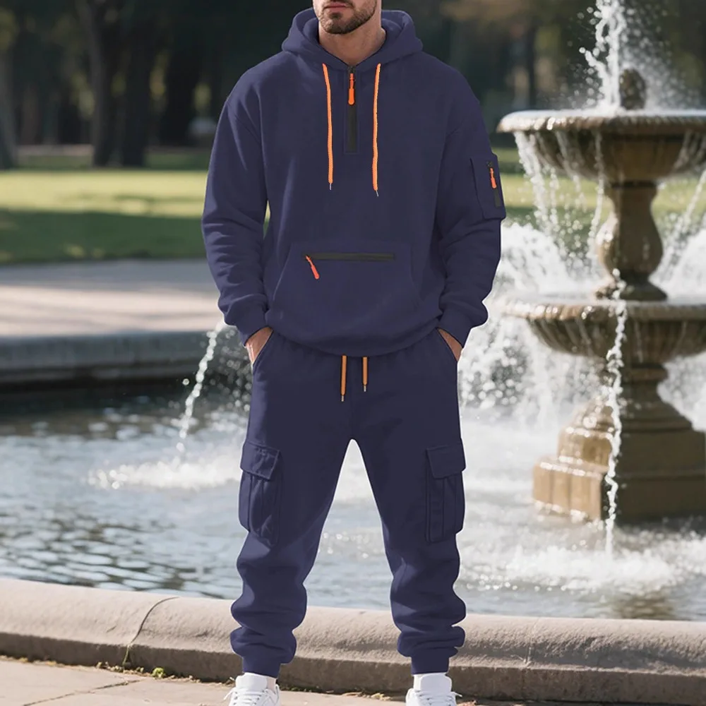 

2026 Men's Fleece Casual Sports Tracksuit, Zip Up Hooded Sweatshirt & Multi-Pocket Pants for Autumn Winter