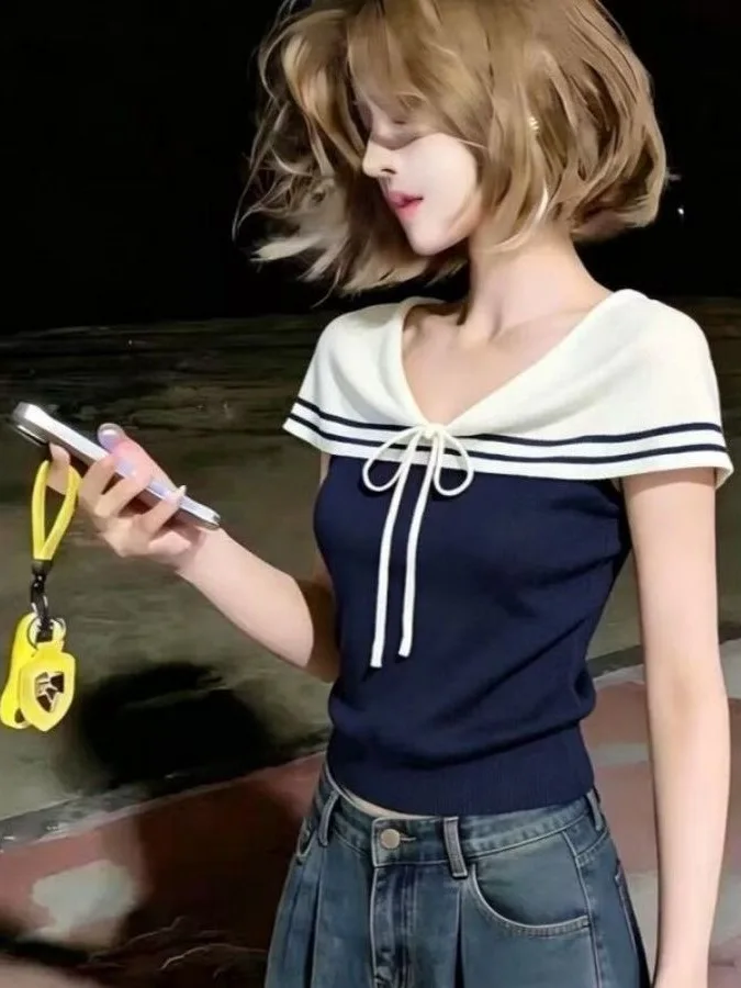 Naval Collar Color Block Knitwear Women's Slim Fit Summer New Style Age Reduction Fashionable Self-Keeping Pattern