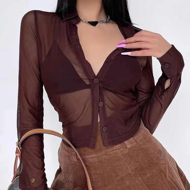 Summer Sexy Women Shirts See Through Transparent Mesh Tops Long Sleeve Slim Ladies Blouse Crop Top 2022