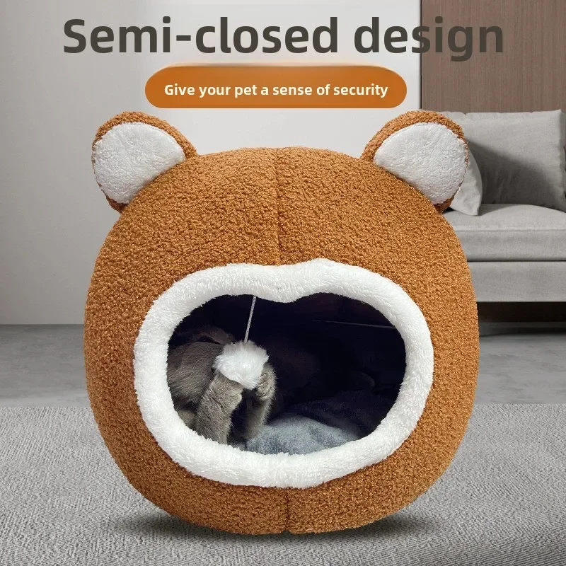 Nest Teddy Bear Cat Nest Cat House Autumn/Winter Semi Enclosed Cat Nest Soundproofing, Warmth, Comfortable Sleep