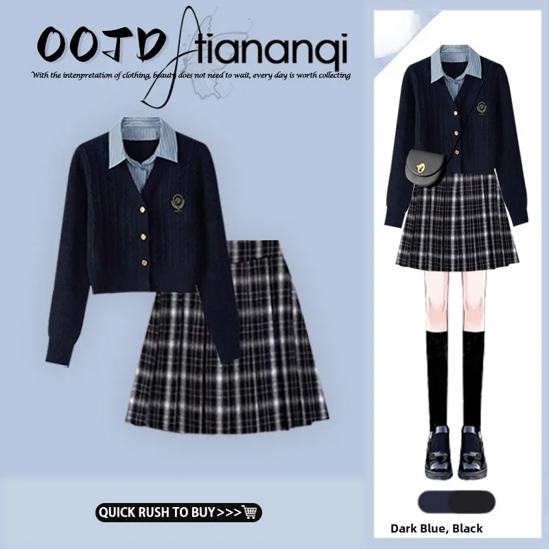 

Retro Neck Short Knitted Sweater Plaid Slimming Half Skirt Two-Piece Set Autumn Fashion Women's Clothing Ensemble