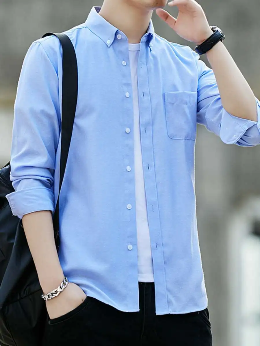 

Ox Fabric Long Sve Men's irt Spring Autumn Youth Pure Color Trendy Spring Summer Loose Fit Travel Casual irt