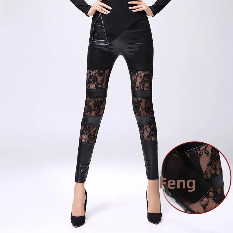 

Rose Lace Imitation Leather Nine Point Pencil Leggings Women's Warm Boting Trousers Polyester Fiber 2023 Autumn Collection
