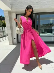 Fashion Elegant Casual Dresses New Summer Style Solid Color V-neck Sexy Slit High Waist Long Dress For Women Holiday Robe Femme