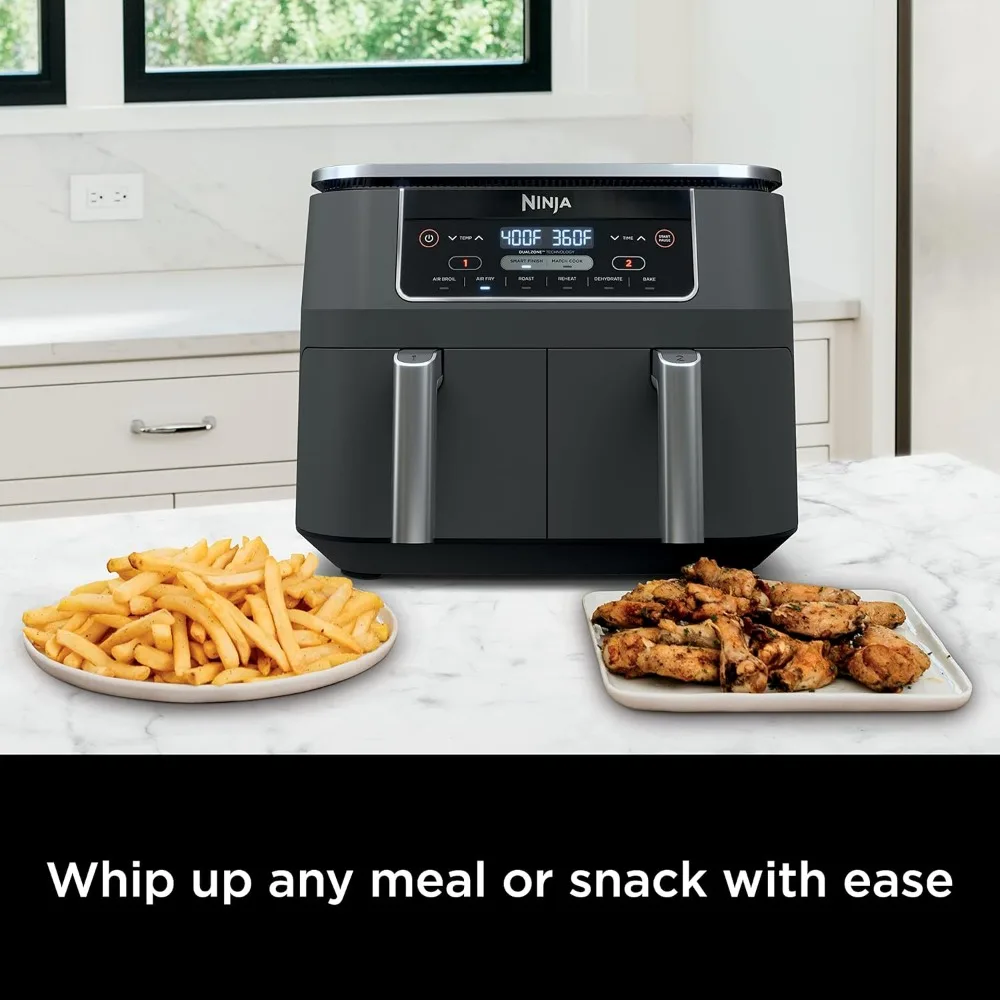 Air Fryer，8 Quart 6-in-1 2 Independent Frying Baskets, Match Cook & Smart Finish to Roast, Dehydrate & More for Quick, Grey