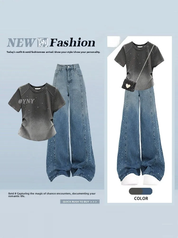 

Summer New round Neck Diamond Embedded T-Shirt Top Gradient Wide Leg Jeans Two Piece Set Korean Design Women's Fashion Ensemble