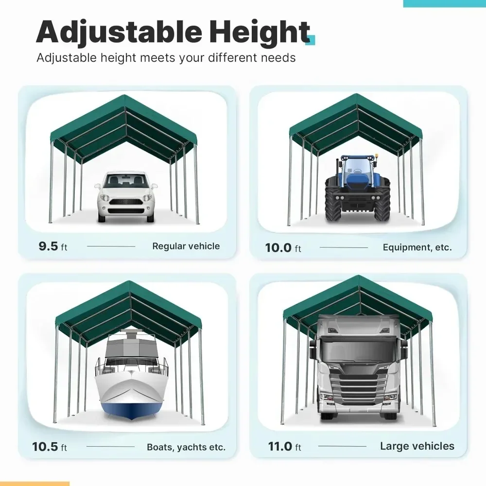 Портативный Навес для автомобиля, 10x20 футов, яркая палатка для гаража, навес для лодок, регулируемая высота от 9,5 до 11 футов, зеленый