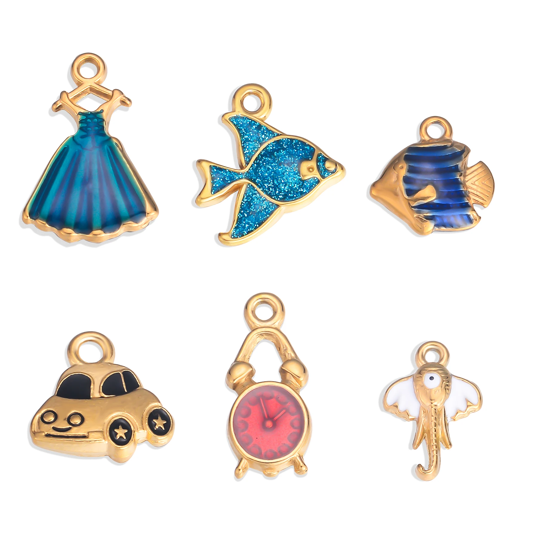 2Pcs Charms Stainless Steel Oil Drop Fishing/Car/Skirt/Clock/Octopus Pendants for DIY Necklace Bracelet Jewelry Making