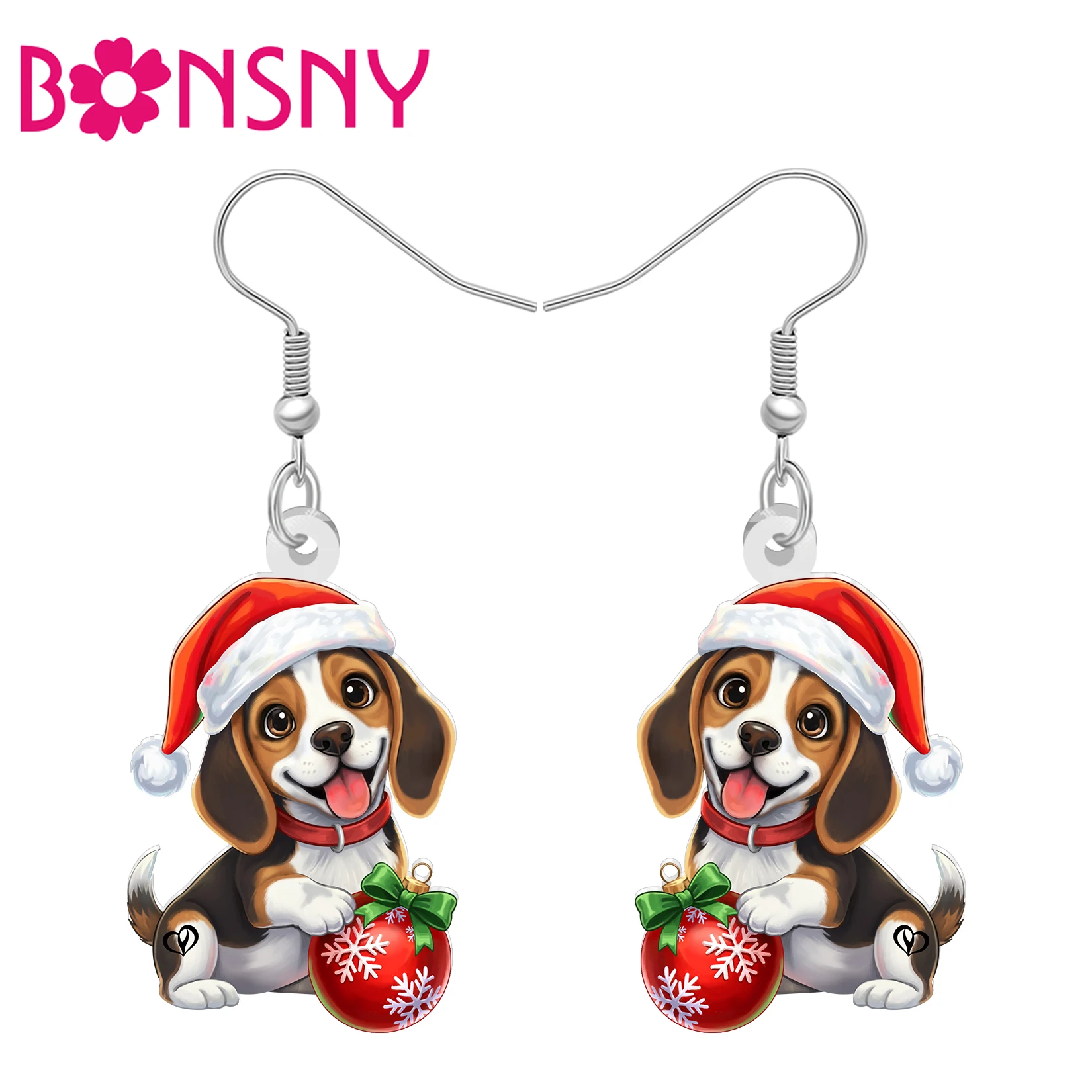 BONSNY Acrylic Cute Christmas Beagle Dog Earrings Santa Hat Puppy Cartoon Animals Jewelry Xmas Party Gifts For Women Pet Lovers