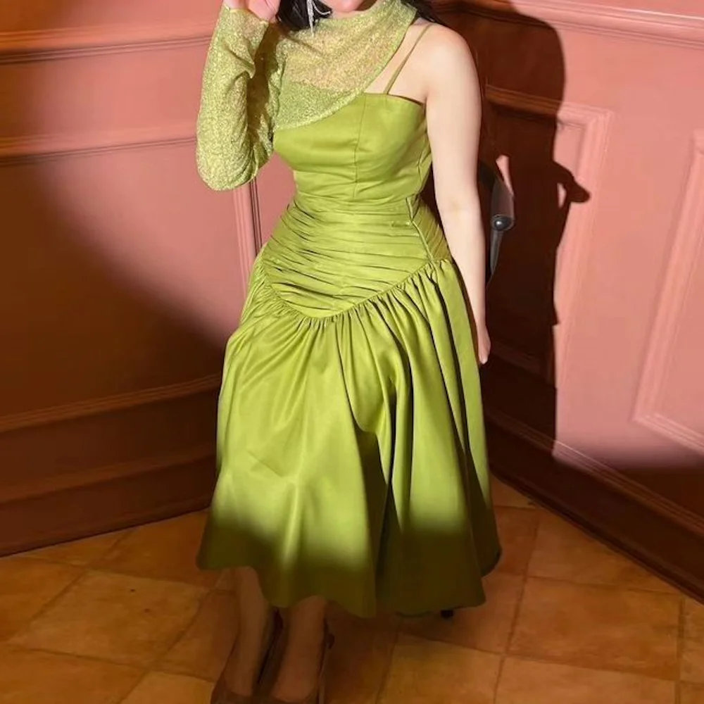 

Mignon Satin A-line One-shoulder Neckline Prom Gown Ankle-length Formal Ruffle Elegant Lace Evening Party Dress for Women 2023