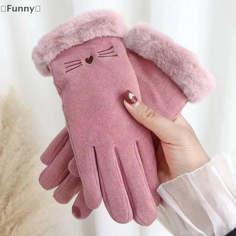 Winter Rabbit Fur Mouth Full Finger Touch Screen Mittens Plus Velvet Warm Gloves For Women