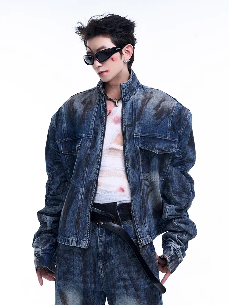 Men's Sets Men's 2024 Autumn Winter New Sleeves Pleated Short Stand Collar Denim Jacket Pocket Zipper Jeans Men's Trousers 2pcs