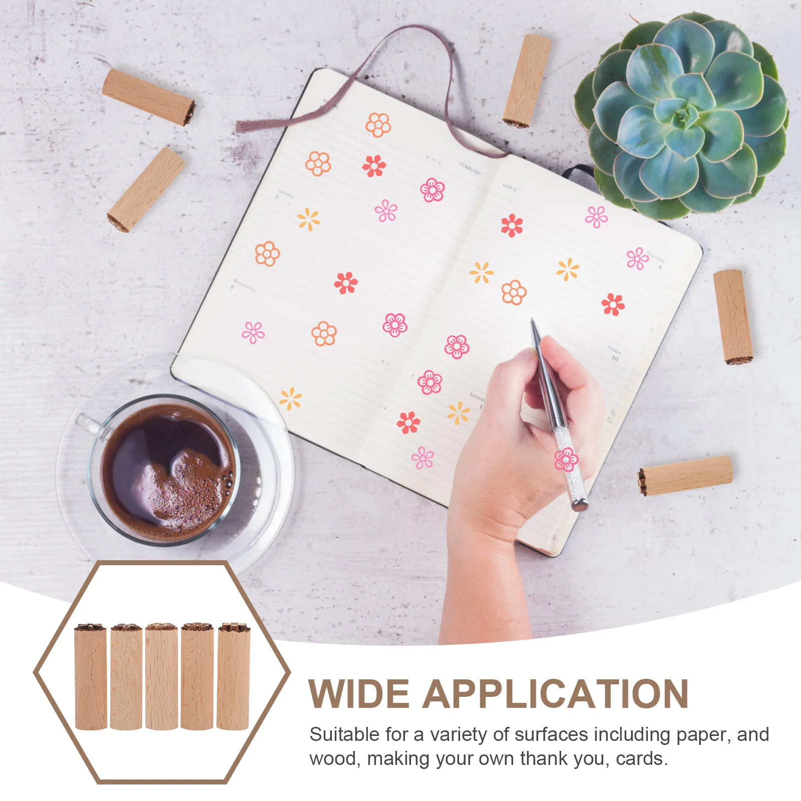 

5pcs Natural Wood Flower Stamp For Diy Scrapbooking Craft Planner Wear-Resistant Small Compact Wooden Stamps Multi-Function Tool
