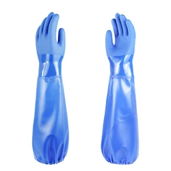 60cm PVC Chemical Gloves, Thick Rubber Work Gloves with Cotton Lining, Heavy-Duty, Acid, Alkali and Oil, Non-Slip, Blue