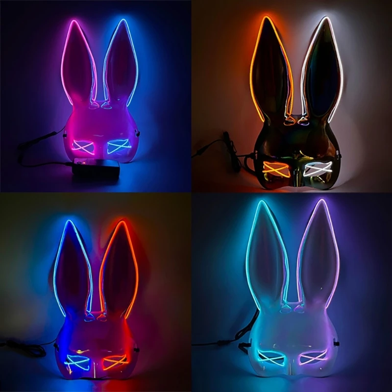 Masque lapin lumineux à LED 95AB pour femmes, accessoires Costume, masque lumineux d'halloween pour carnaval, fête à thème