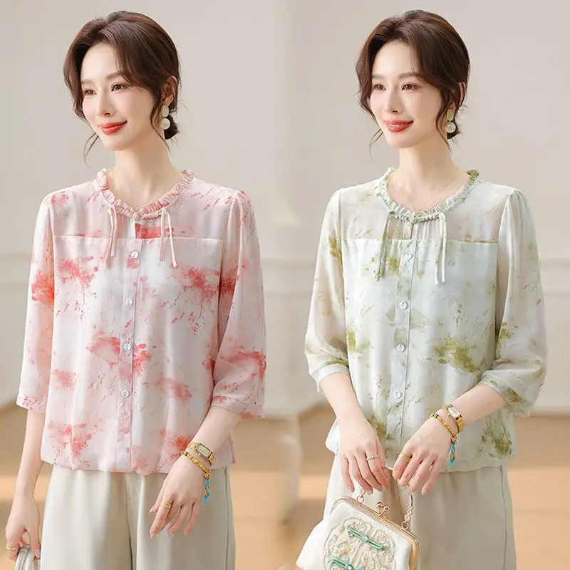 Summer New Chinese Style Women's Chiffon Top for Elderly with Three Quarter Sleeves
