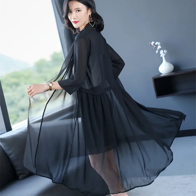 Korean style Women maxi long Blouse Summer Casual Boho Chiffon Coat Shawl Kimono Cardigan Tops jacket  black purple red white