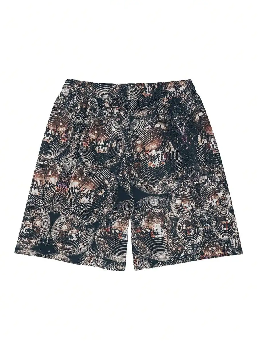 

Disco Ball Print Casual Loose Fit Polyester Shorts With Drawstring Waist