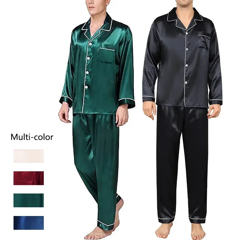 New Plus Size Solid Color Long Sleeve Pajamas Men's Artificial Silk Sleepwear Student Loungewear Cardigan Lapel Nightwear Set