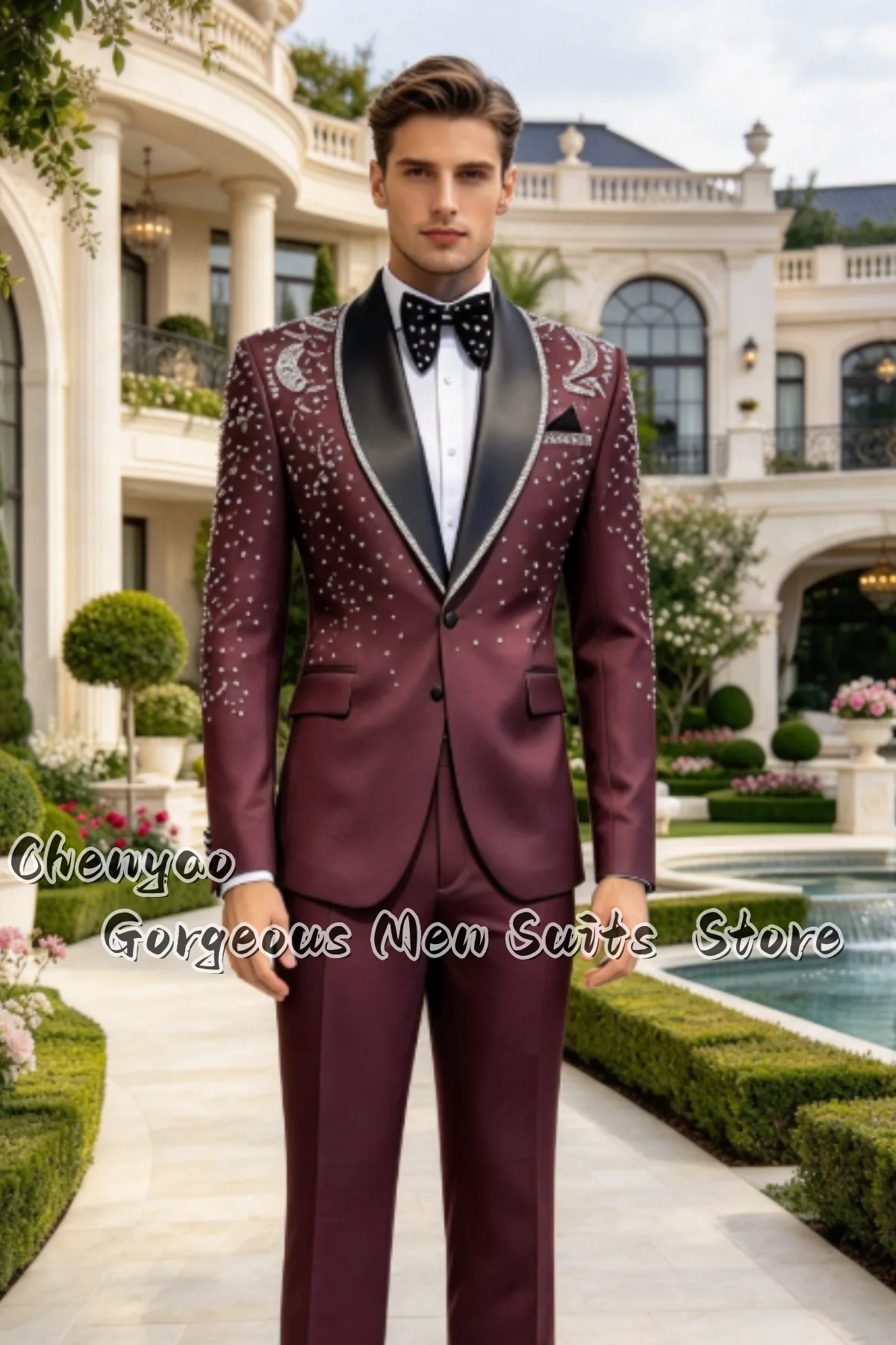 Luxury Men 2 Piece Wedding Tuxedo Shawl Lapel Full Silver Star Rhinestone Embroidery Blazer Custom Groom Prom Formal Party Suit