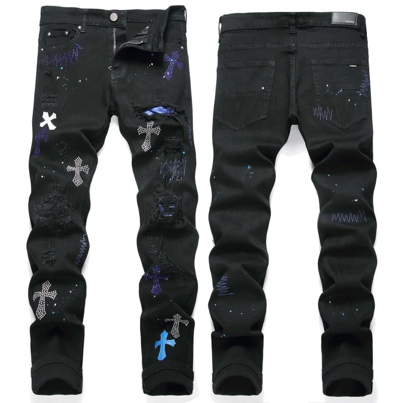 

High Street Black Badge Distressed Jeans Men'S Casual Pants Trendy