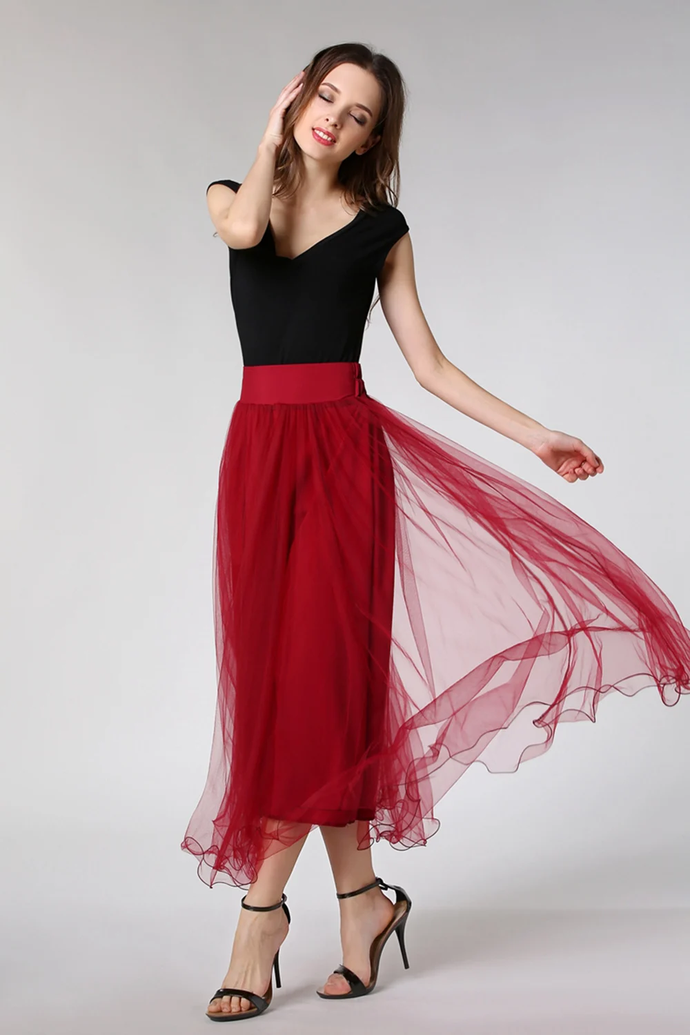 Burgundy Half Skirts For Women Maxi Long Tulle Big Swing High Waist Tutu Skirt Elastic Waistline Ankle-Length Waltz Dance Skirts