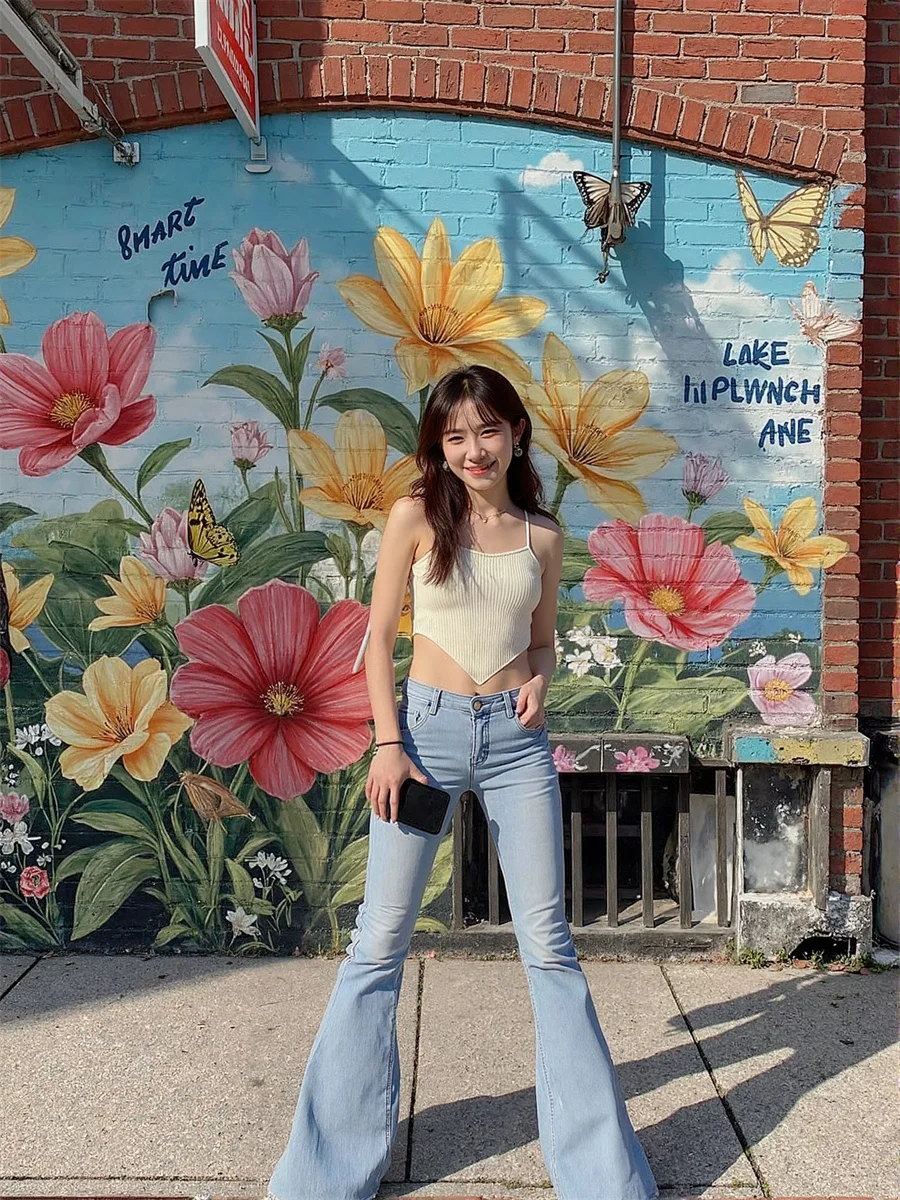 Women'S Low Rise Flared Jeans Blue Oversize Ripped Denim Vintage 2000S Streetwear Fashion Female Baggy Wide Leg Y2K Trousers