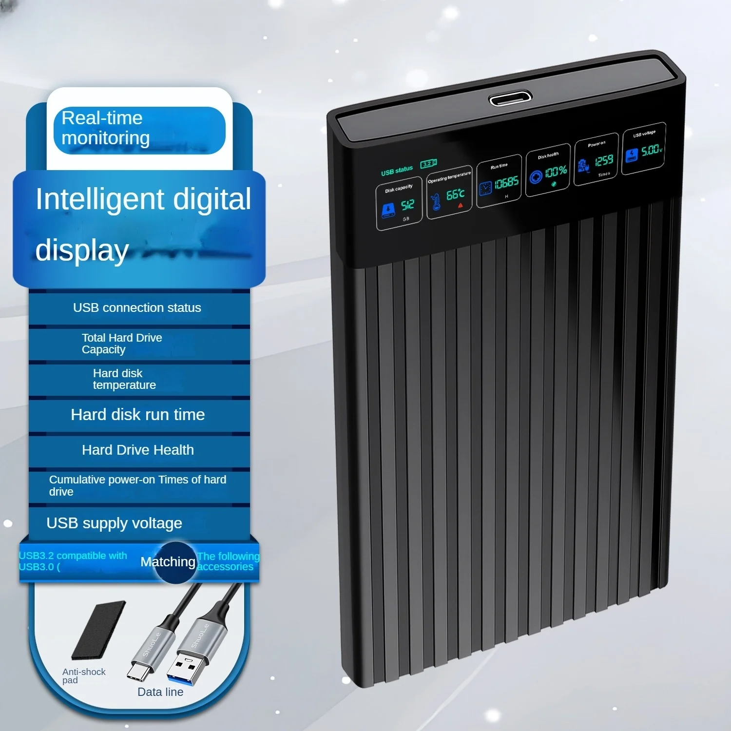 Gabinete HDD SATA USB3.1 de alta velocidade de 2,5 polegadas com display LED Caixa de disco rígido externo de 6 Gbps para armazenamento de PC