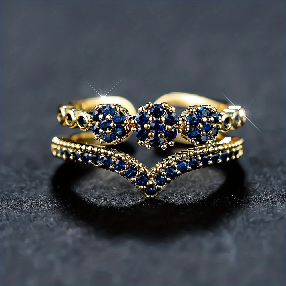 

Luxury blue royal style ring, adjustable opening, inlaid with sparkling synthetic cubic zirconia stone double design cuff ring, available in a variety of colors, dinner party music festival jewelry accessories, women's daily wear Valentine's Day gifts