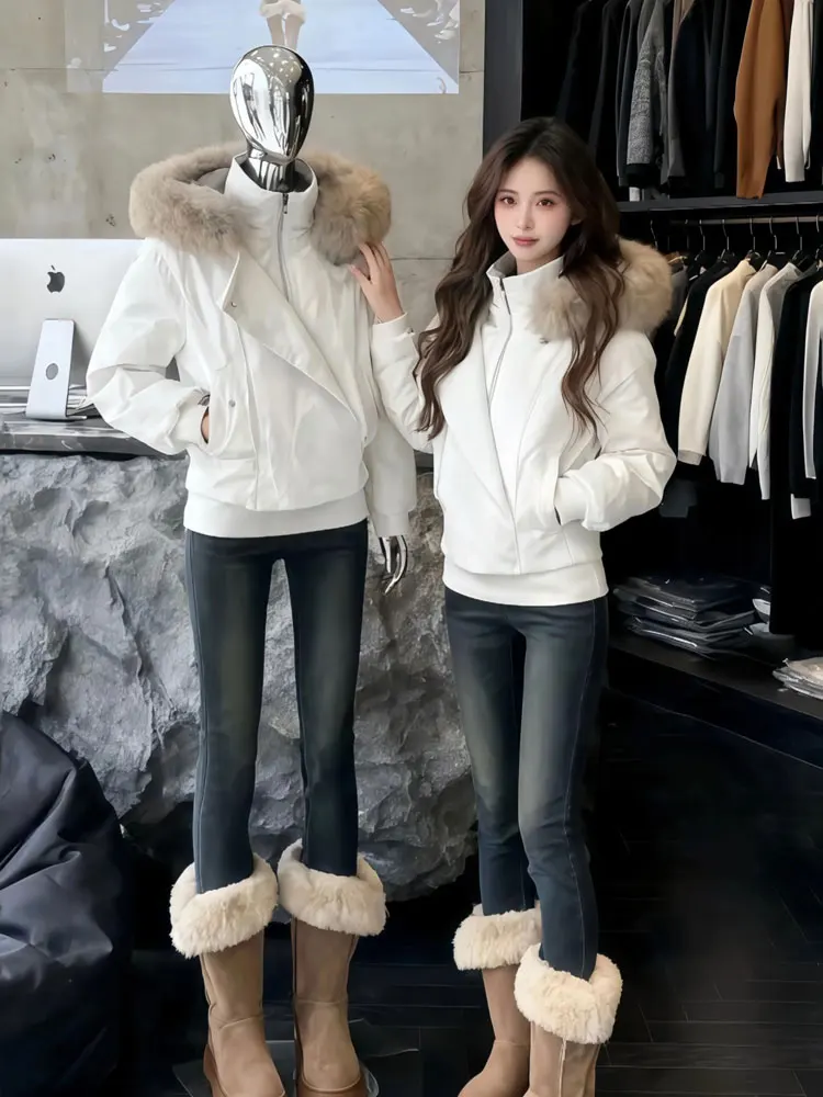 

Женская пуховая куртка Ele White с капюшоном, меховым воротником, приталенным силуэтом, в корейском стиле, теплая, для повседневной носки