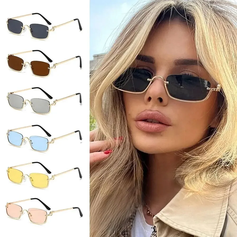 Trendy Small Square Women\'s Sunglasses Metal Half Frame Sun Glasses Vintage Shades UV400 Eyewear Narrow Eyeglasses Driver Goggle