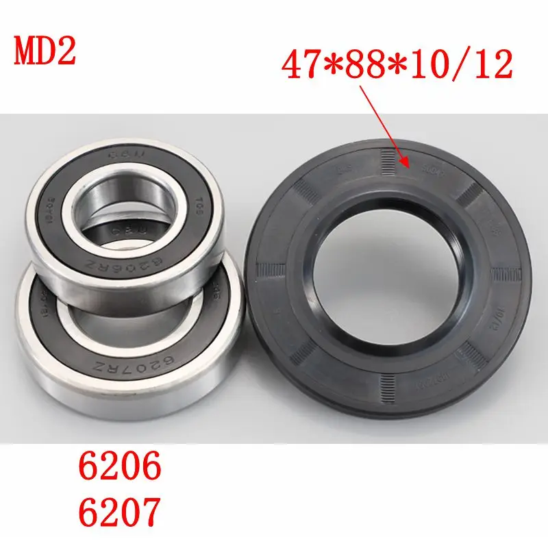 for Midea drum washing machine Water seal（47*88*10/12）+bearings 2 PCs（6206 6207）Oil seal Sealing ring parts