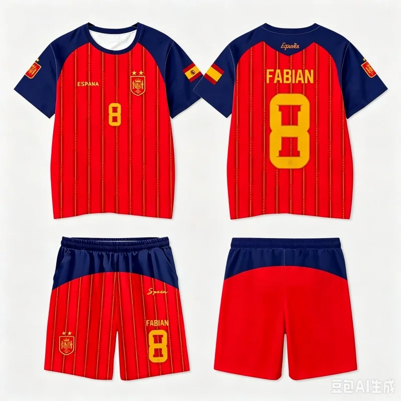2026 Spanien Team Uniform Yamal Fußball-Uniform T-Shirt und Shorts Kurze Hosen Herren Freizeithosen Sporthosen Familien-Kinder-T-Shirt-Set – Detail 5