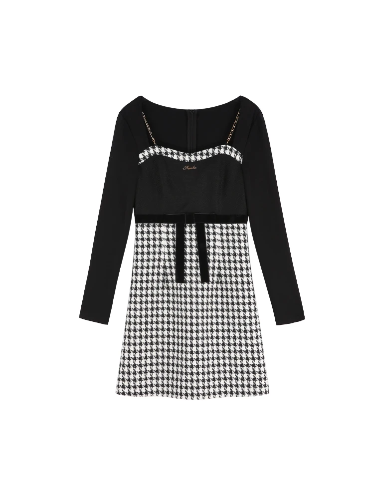 Women's Knitted Dress Black Stitching Square Collar High Waist Long Sleeve Spring  Autumn French Retro High-Grade Skirt Fashion