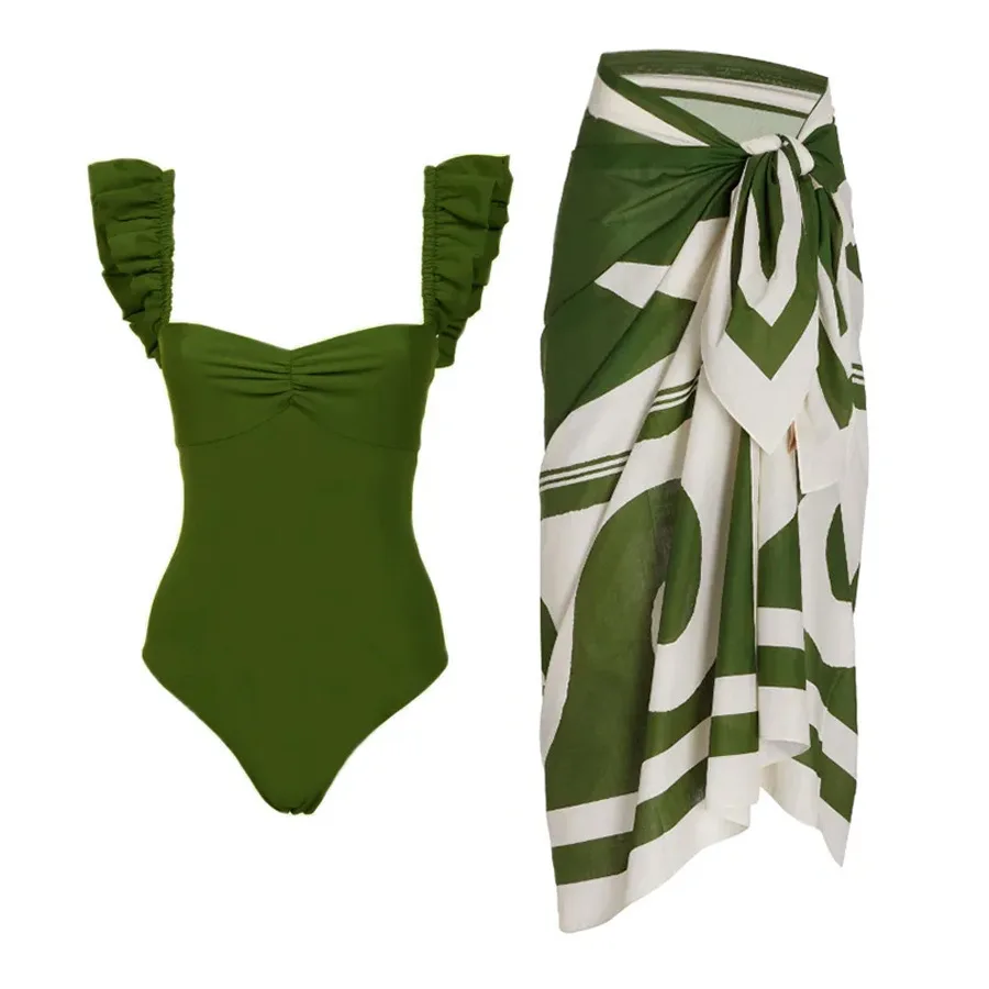 Women's Swimsuit Green Color Solid Fly Sleeve One Piece with Floral Printing Cover Up