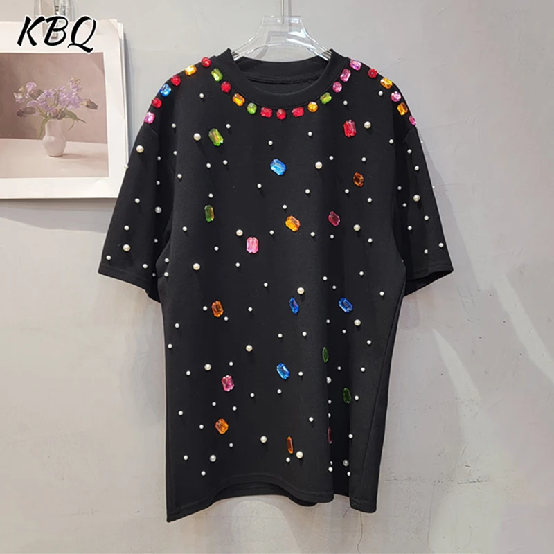 KBQ Patchwork Diamonds Streetwear T Shirts For Women O Neck Long Sleeve Pullover Temperament T Shirt Female Fashion Style New