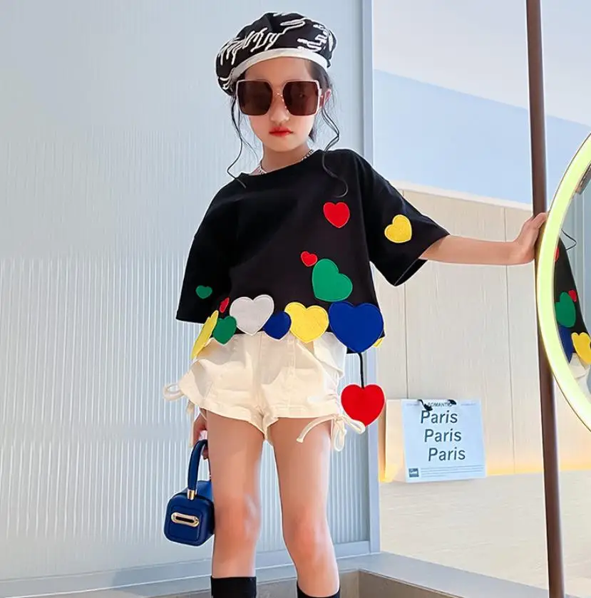 Girl Summer New Black T-Shirts Loves Patchwork Tops Short Sleeve Loose Tees Fashion Teenage Clothes T-Shirts 4-16 Years Wz1119