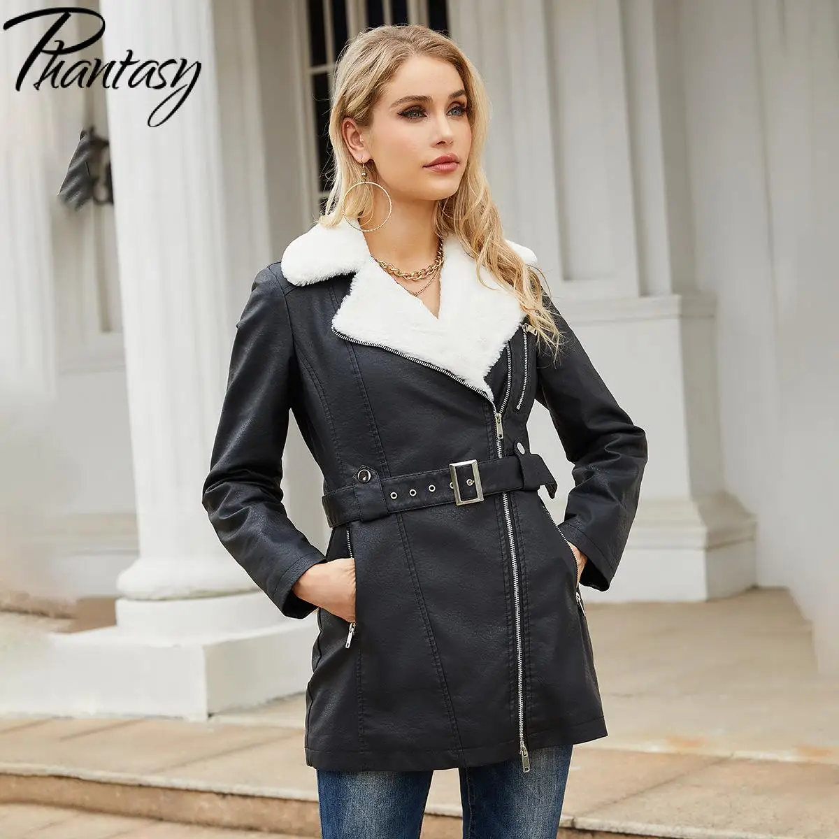 Phantasy Office Lady Streetwear Leather Jacket Women Two-Way Zipper Casual Fashion Coat Female Pockets Retro Clothes Winter