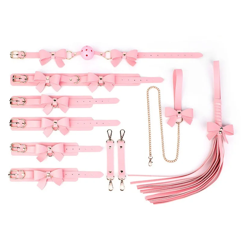 BDSM Cute Bow Themed Bondage Sets Cosplay Adult Games Leather Handcuffs Ankle Cuffs Mouth Gag Whip Collar Sex Toys For Women