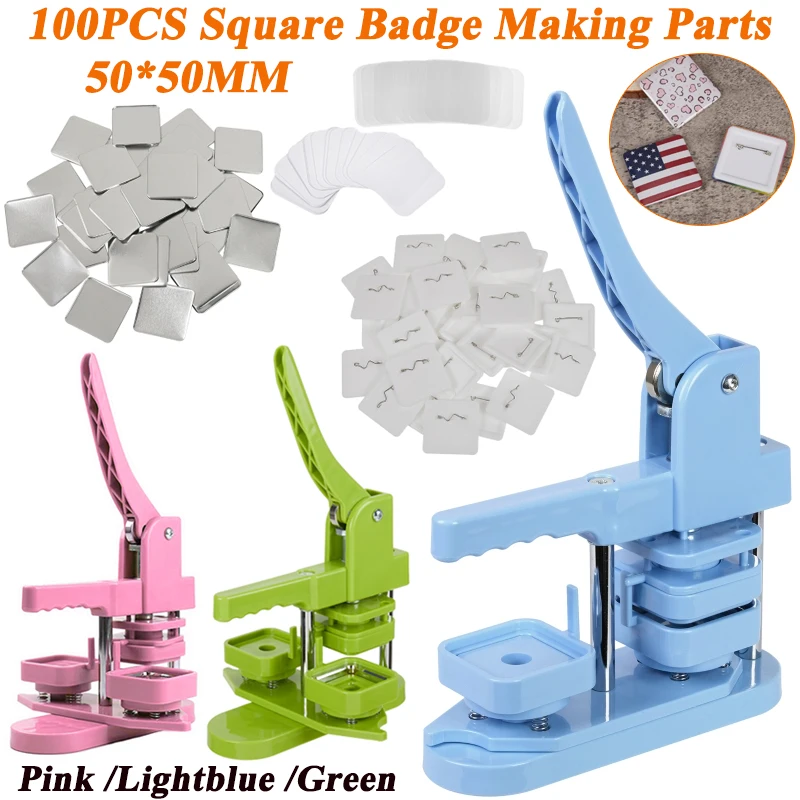 

DIY 50mm Square Badge Machine W/100pcs Blank Badge Pin Plastic Chest Button Making Parts Manual Rotating Press Maker Machine