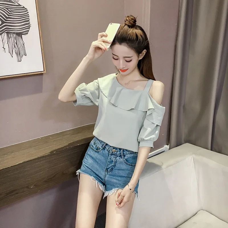 Women\'s Shirt Tops Fashion One-Shoulder Ruffles Short-sleeved Tops Chiffon Tops S-XXL