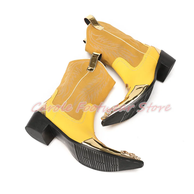 

Fashion Mixed Color Genuine Leather Long Boots for Men Metal Pointed Toe Chunky Heel Western Cowboys Boots Male High Top Boots
