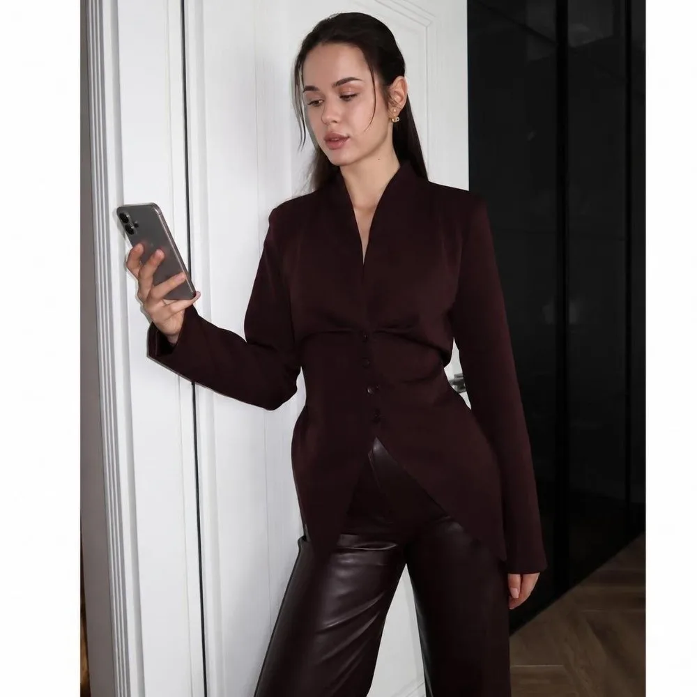 V Neck Women Blazer Suit Wrinkle Resist Soft Weave Waist Cinch Blazer Elegant Waist Curve Light Weight Office Outerwear