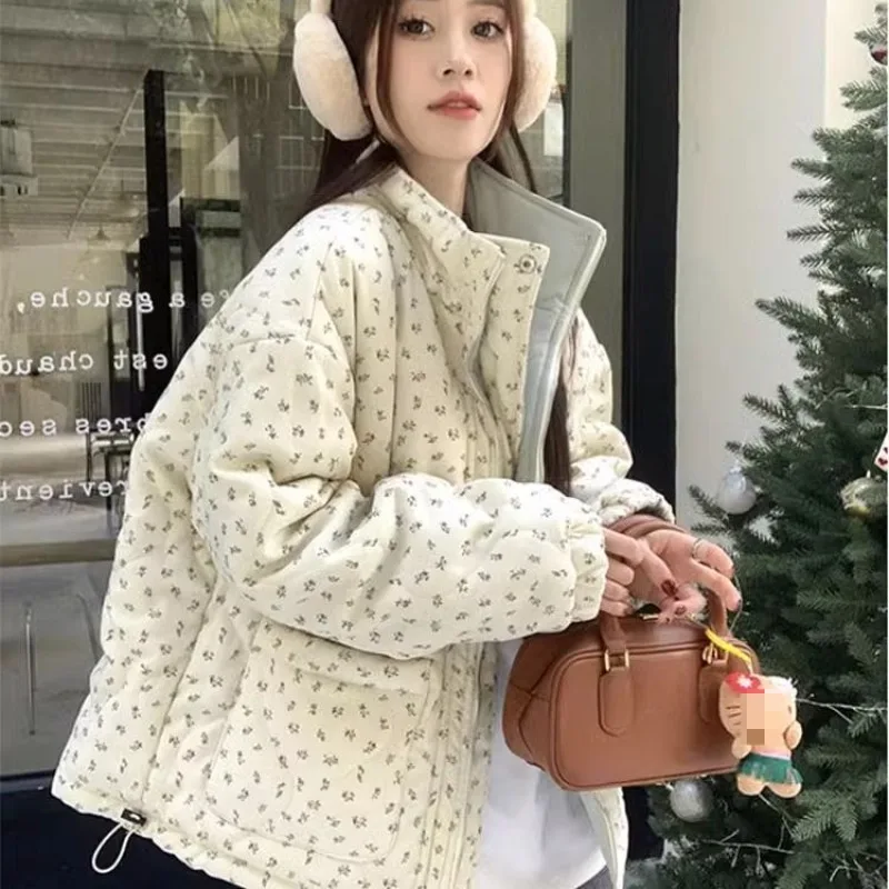 Korean Fashion Simple Floral Printed Cotton Jacket Women Winter Thickened Warm Loose Casual Two Sided Wear Sweet Outerwear Coats