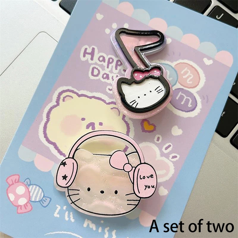 2-piece Set Cartoon Sanrio Pink Hairpin Cute Headphones Musical Notes Hello Kitty Girly Barrettes Bangs Clip Hair Accessory Gift