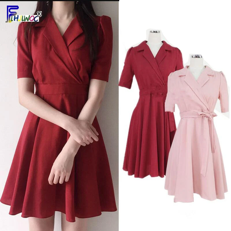 A Line Dresses Summer Women Korean Japan Preppy Style Clothes Bow Tie V Neck Pink Red Party Floral Print Vintage Dress 5010