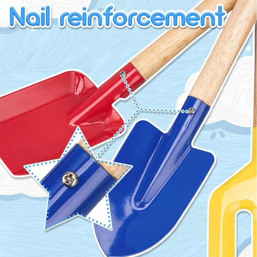 キッズビーチおもちゃセット5個 – 金属製木製ハンドル付き砂ツール子供用ビーチガーデニング屋外プレイセット子供用